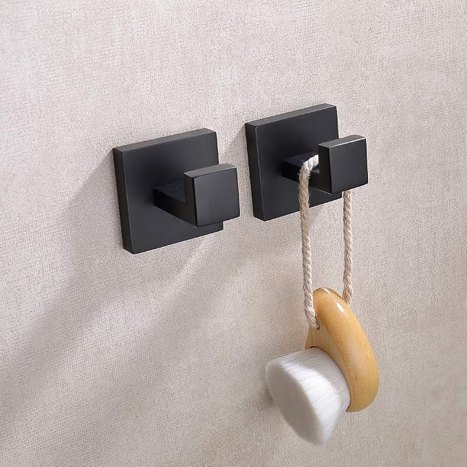TASTOS Bath Towel Hooks Matte Black, 4 Pack Stainless Steel Robe Coat and Clothes Hook, Heavy Duty Wall Hook for Bathroom & Kitchen, Modern Square Style Wall Mounted