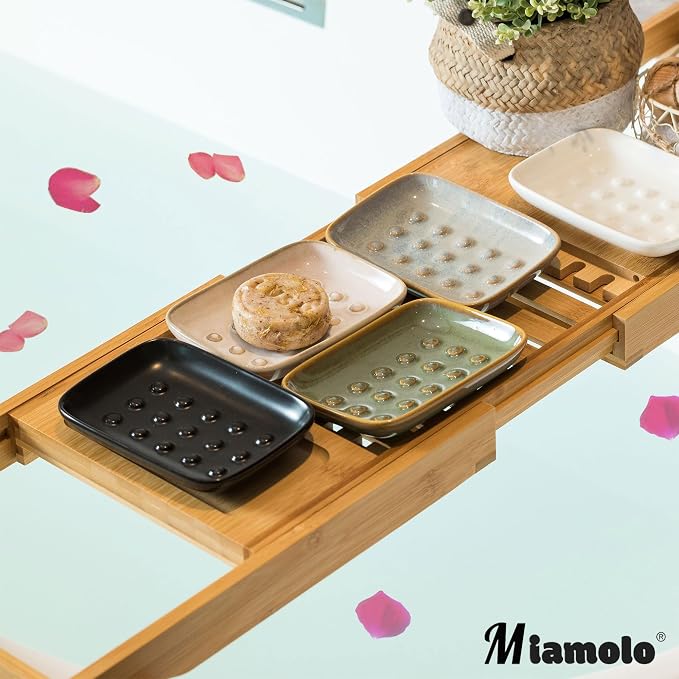Miamolo Soap Dish for Shower, Ceramic Soap Dish Non-Slip Soap Holder Bar Saver Tray for Bathroom Kitchen Sink, Floating Point Design Save Soap Loss (Pack of 2)